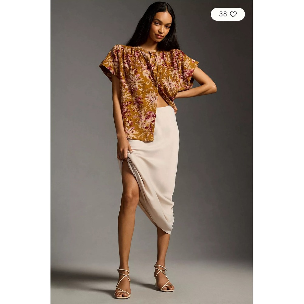 Pilcro Anthropologie Short-Sleeve Mustard Pink Tropical Print Batwing Blouse S/M